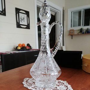 Vintage Bohemian Style Cut Crystal Glass Decanter Jar With Handle About 15” wine